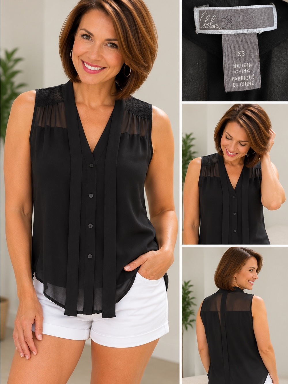 Chelsea28 Black Sleeveless V-Neck Button Front Camisole